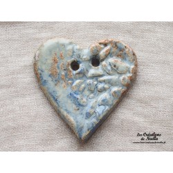 Bouton grand coeur bleu-gris marbré en céramique