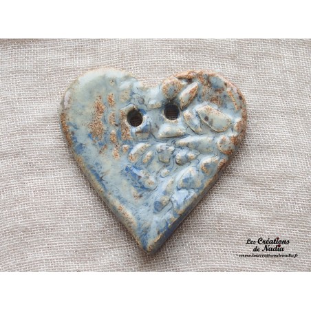 Bouton grand coeur bleu-gris marbré en céramique Bouton grand coeur bleu-gris marbré en céramique