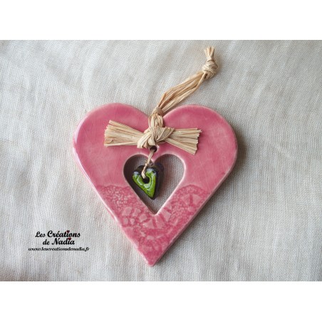Coeur Liesel rose bonbon en poterie, à suspendre