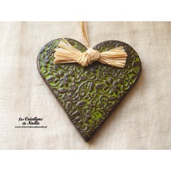 Coeur Liesel vert reinette en poterie, à accrocher
