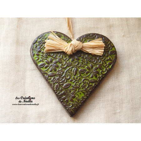 Coeur Liesel vert reinette en poterie, à accrocher