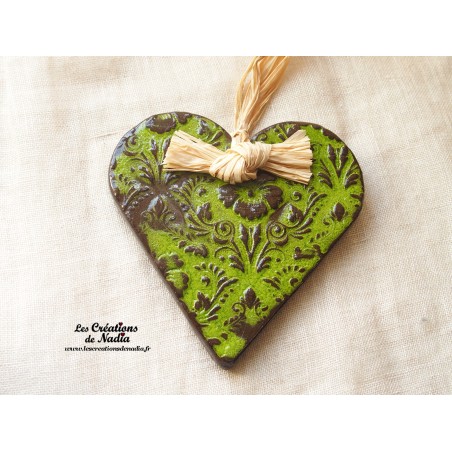 Coeur Liesel vert reinette en poterie, à accrocher