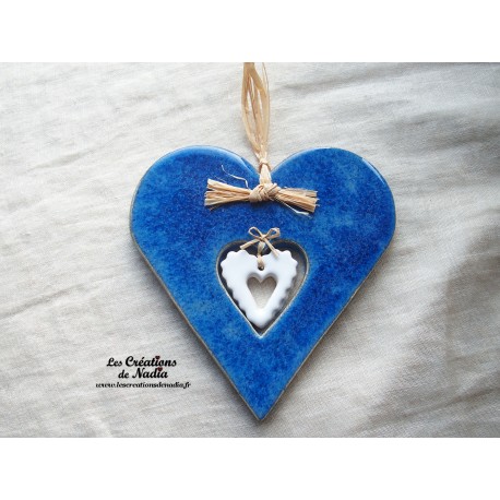 Coeur Hansi bleu en poterie, à suspendre