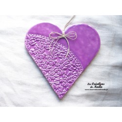 Coeur Hansi lilas en poterie, à accrocher