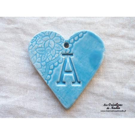 Coeur belle lettre en céramique, couleur bleu lagon