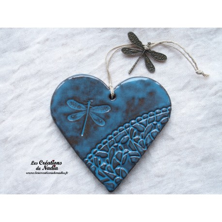 Coeur en céramique bleu breloque libellule, à suspendre