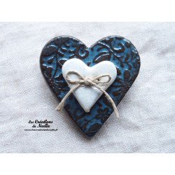 Broche coeur en céramique couleur bleu canard