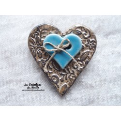 Broche coeur en céramique marron glacé