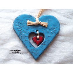 Coeur Liesel bleu canard en céramique, à accrocher