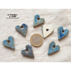 Bouton coeur en céramique, couleur bleu gauloise un trou