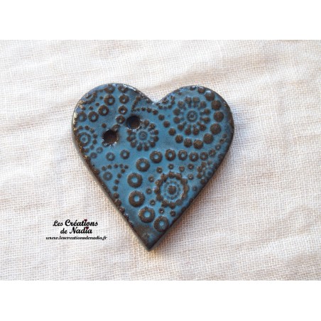 Bouton grand coeur en céramique, couleur bleu canard Bouton grand coeur en céramique, couleur bleu canard