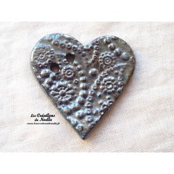 Bouton grand coeur gris métal en céramique