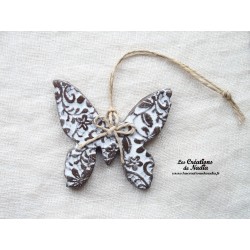 Papillon en céramique, couleur bicolore blanc impressions fines dentelles