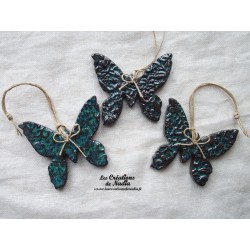 Papillon en céramique, couleur vert émeraude impressions fines dentelles