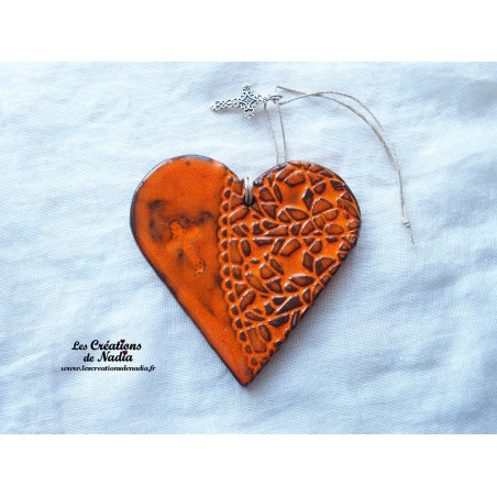 Coeur en céramique orange breloque crucifix, à suspendre