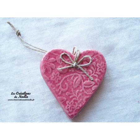 Coeur Katele en céramique, rose impression fine dentelle, à accrocher Coeur Katele en céramique, rose impression fine dentelle, à accrocher
