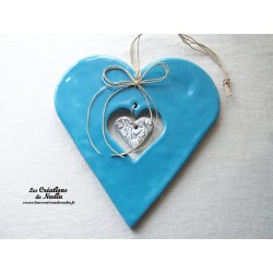 Coeur Hansi bleu lagon en céramique, à suspendre