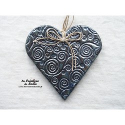 Coeur en céramique Liesel gris métal, impressions spirales, à accrocher