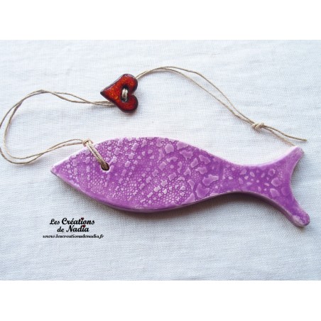 Coeur de pirate le poisson en céramique, couleur lilas, à suspendre