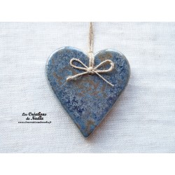 Coeur Katele en céramique, couleur bleu-gris marbré, à suspendre