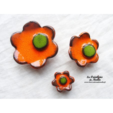 Poppies fleurs en céramique pour les jardinières, série de trois fleurs couleur orange et vert reinette