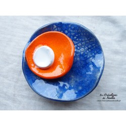 Fleur en céramique à coroles petit modèle, couleur bleu outremer, orange et blanc