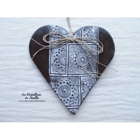 Coeur en céramique Hansi bicolore blanc, impression rosace