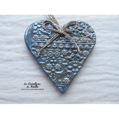 Coeur en céramique Liesel couleur bleu gris métal, impression rennes