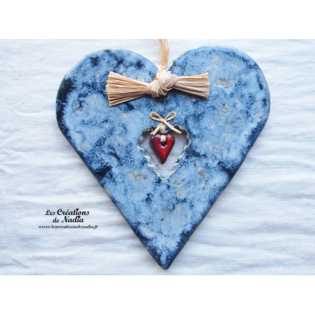 Coeur en céramique Hansi bleu-gris marbré