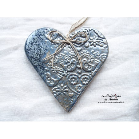 Coeur en céramique Liesel couleur bleu gris métal, impression printemps