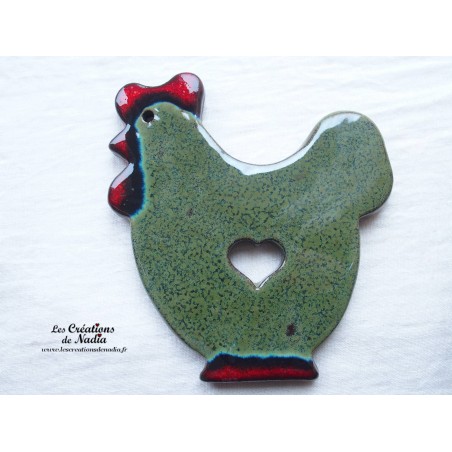 Dessous de plat poule en poterie couleur vert kaki