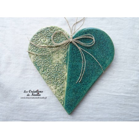 Coeur en céramique Hansi vert bouteille, douceur d'antant,  à suspendre
