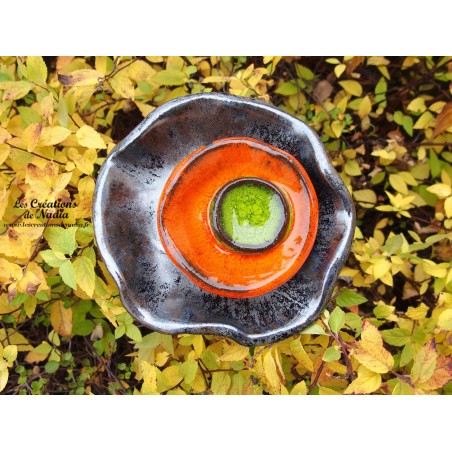 Fleur en céramique à coroles petit modèle, couleur gris métal, orange et vert Fleur en céramique à coroles petit modèle, couleur gris métal, orange et vert
