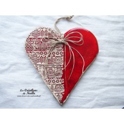 Coeur en céramique Hansi couleur rot und wiss, impression Alsace, à suspendre