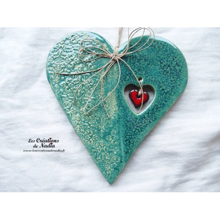 Coeur en céramique Hansi vert bouteille, impression douceur d'antant, à suspendre Coeur en céramique Hansi vert bouteille, impression douceur d'antant, à suspendre