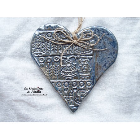Coeur Liesel en céramique à suspendre, couleur bleu gris métal, impression Alsace Coeur Liesel en céramique à suspendre, couleur bleu gris métal, impression Alsace