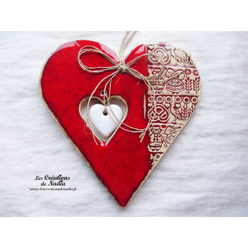 Coeur Hansi rot und wiss à suspendre, impression Alsace