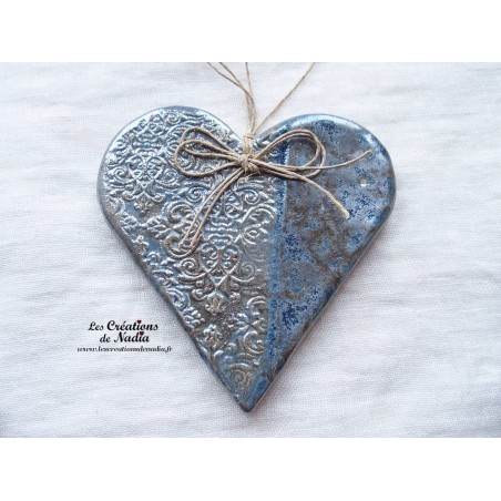 Coeur Liesel bleu gris métal en céramique, à accrocher, impression douceur d'antan Coeur Liesel bleu gris métal en céramique, à accrocher, impression douceur d'antan