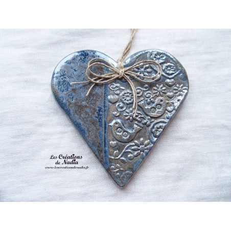 Coeur Liesel bleu gris métal en céramique, à , impression "Printemps" Coeur Liesel bleu gris métal en céramique, à , impression "Printemps"