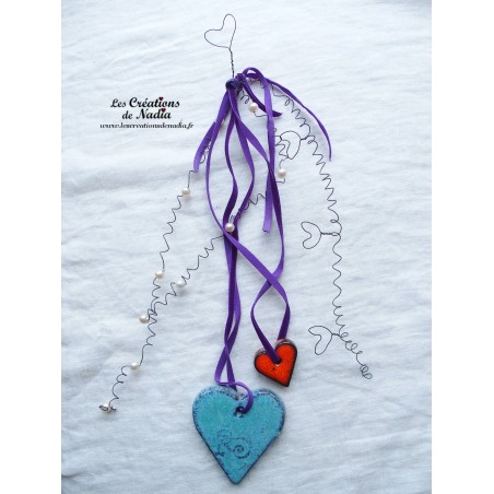 Farandole de coeurs en céramique, couleur bleu turquoise, à suspendre Farandole de coeurs en céramique, couleur bleu turquoise, à suspendre