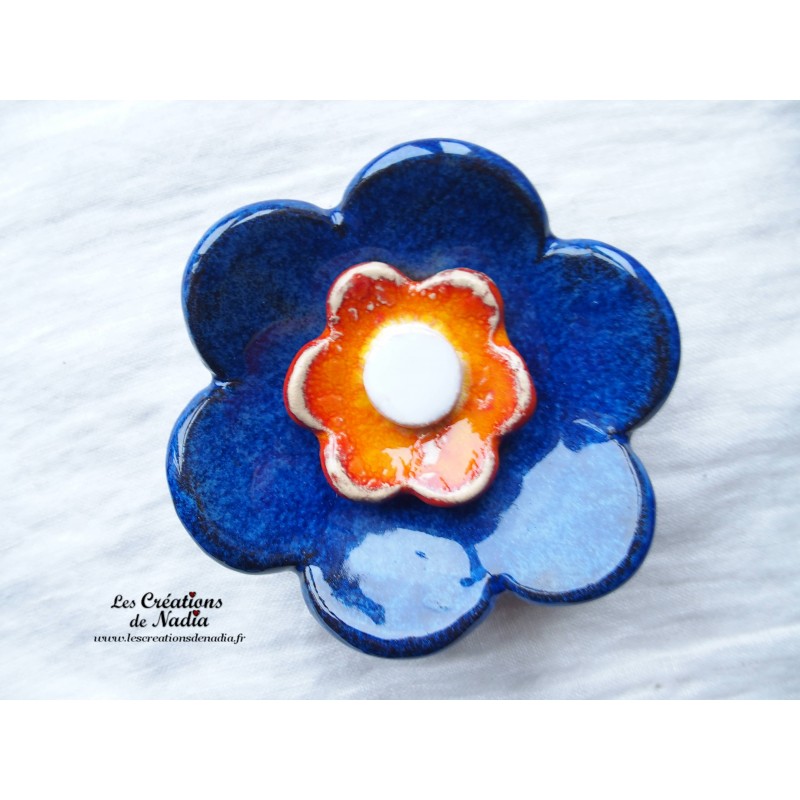 Fleur en céramique poppie pour les jardins, taille XL, couleur bleu nuit et orange