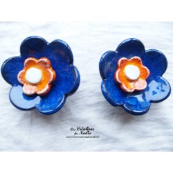 Fleur en céramique poppie pour les jardins, taille XL, couleur bleu nuit et orange