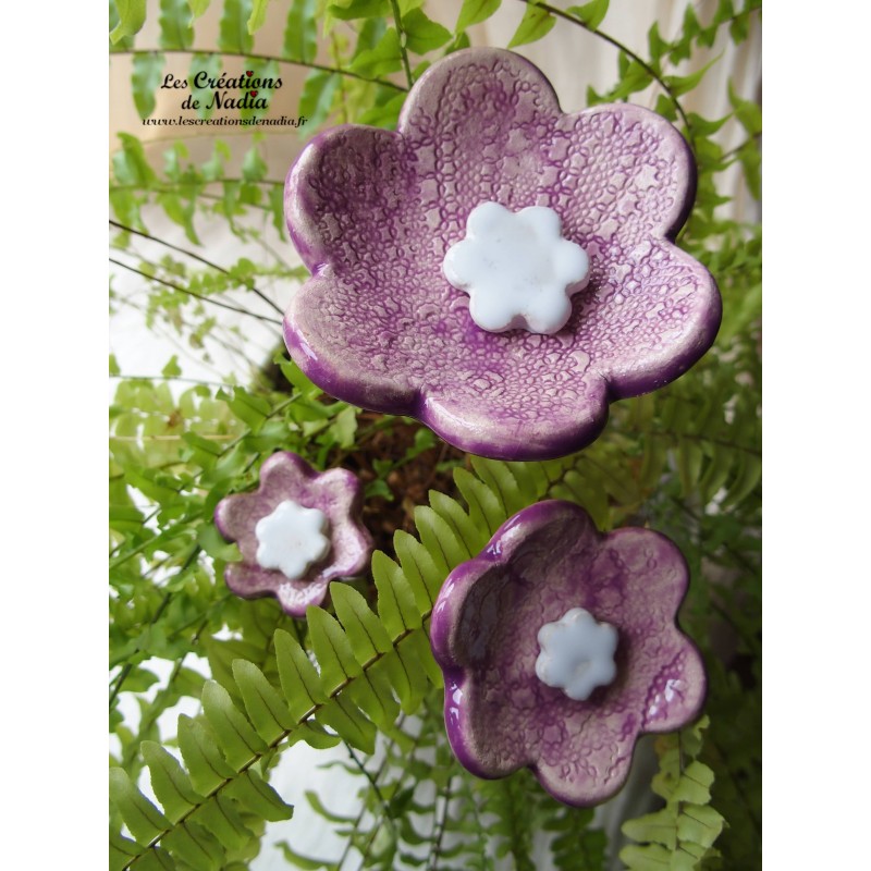 Poppies fleurs en céramique pour les jardinières, série de trois fleurs couleur lilas et blanc