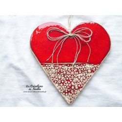 Coeur Hansi rot und wiss impression flocons, céramique décorative à suspendre