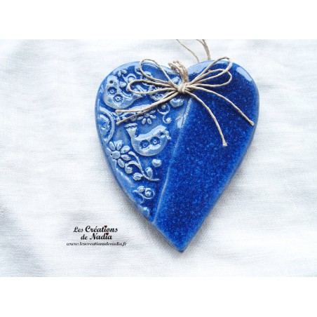 Coeur en céramique Lina couleur bleu outremer, impression Printemps