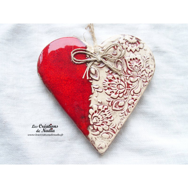 Coeur Liesel en céramique à suspendre, couleur rot und wiss, impression damassé