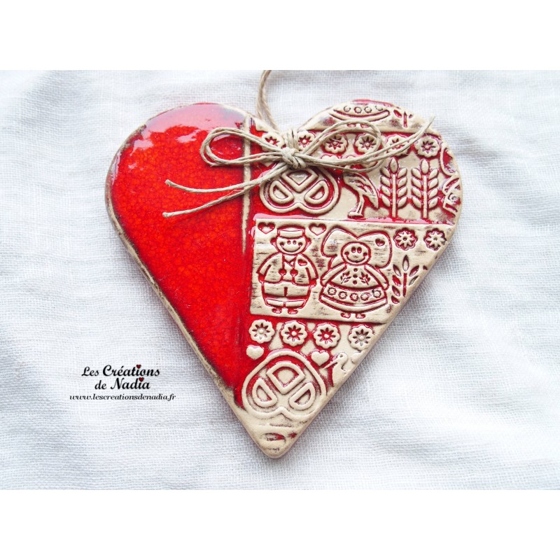 Coeur Liesel en céramique, couleur rot und wiss, impression Alsace