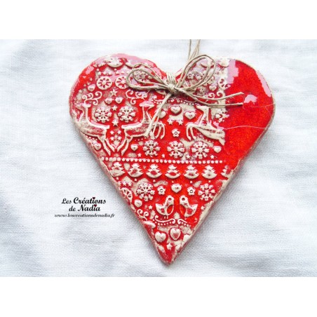 Coeur en céramique Liesel couleur rot und wiss, impression cerf, à accrocher Coeur en céramique Liesel couleur rot und wiss, impression cerf, à accrocher