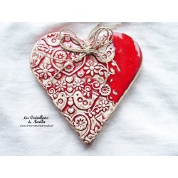 Coeur en faïence rouge, impression printemps