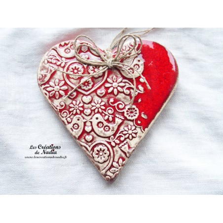 Coeur en faïence rouge, impression printemps Coeur en faïence rouge, impression printemps